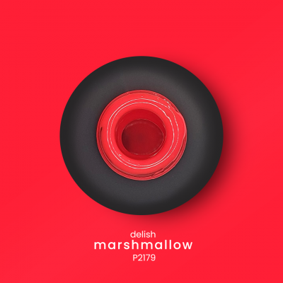 Produto circular preto com centro vermelho brilhante e texto 'delish marshmallow P2179' num fundo vermelho