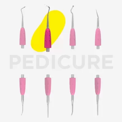 Ferramentas de pedicure com cabo rosa e pontas de metal em fundo branco com palavra PEDICURE