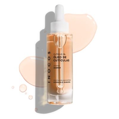 Frasco de óleo de cutículas Inocos com texto em preto e conta-gotas branco