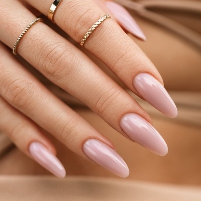 Mão feminina com unhas longas cor rosa claro e anéis dourados