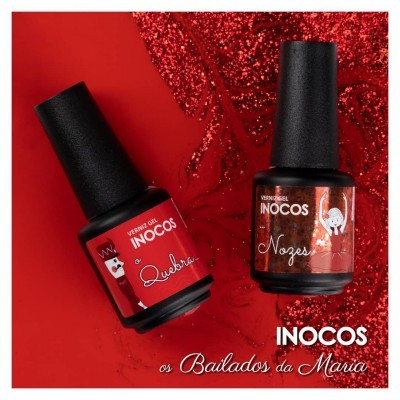 Dois frascos de verniz gel vermelhos da INOCOS num fundo vermelho com brilho.