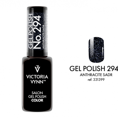 Frasco de verniz gel preto Victoria Vynn com amostra da cor 294SH Anthracite Sadr