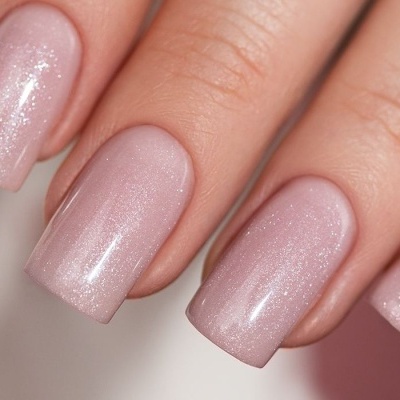 Unhas com verniz rosa claro brilhante e glitter prateado