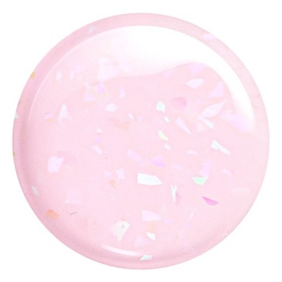 produto redondo rosa claro com partículas iridescentes brancas e rosadas