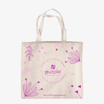 Sacola de tecido bege com estampas cor-de-rosa e texto purple PROFESSIONAL.