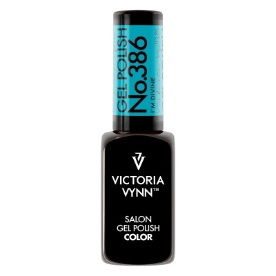 Frasco de verniz gel para unhas preto com tampa azul clara e texto preto e branco.
