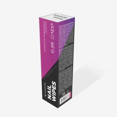 Embalagem retangular preta, rosa e branca de lenços para unhas com texto e código de barras