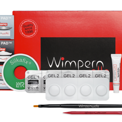 Kit de alongamento de pestanas Wimpernwelle com vários componentes e embalagem vermelha e preta