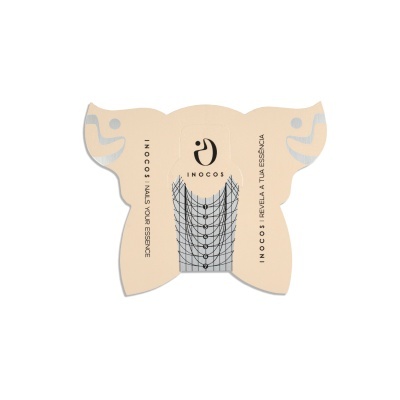 Molde para unhas em cartão bege com marcas e texto INOCOS
