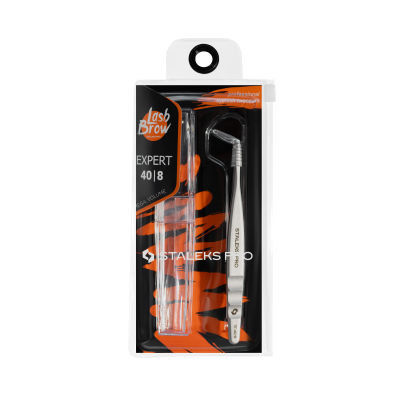 Kit de pinça Lash Brow Expert Staleks em embalagem transparente com detalhes laranja e preto