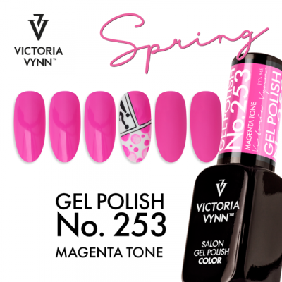 Unhas postiças com verniz gel magenta e padrão geométrico, embalagem de verniz gel preta da Victoria Vynn