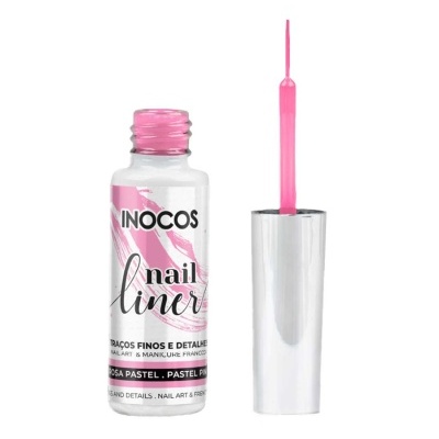 Frasco de esmalte nail liner rosa pastel com tampa prateada e pincel aberto