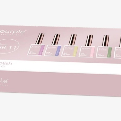 Caixa rosa com seis frascos de verniz em gel colorido