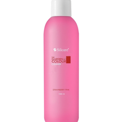 Garrafa rosa fosca de produto de limpeza Silcare com tampa branca