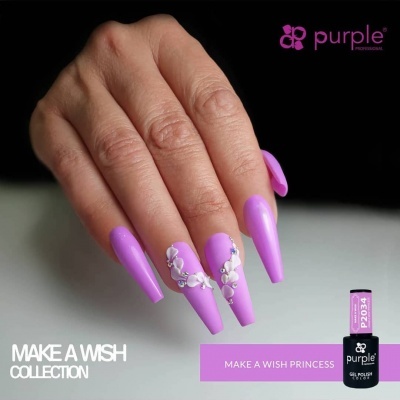 Unhas com verniz gel roxo e decoração cristais, produto Purple Professional MAKE A WISH PRINCESS