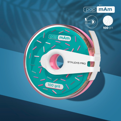 Lixa de unha circular cor verde e rosa com texto STALETKS PRO e 100 grit