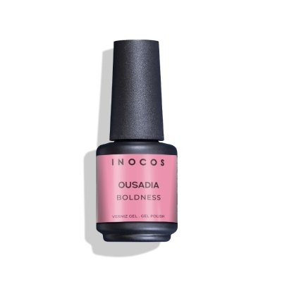 Frasco de verniz gel para unhas INOCOS com rótulo cor-de-rosa e tampa preta