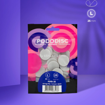 Pacote de discos descartáveis PODODISC Staleks Pro 25 mm em fundo roxo