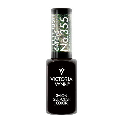 Frasco de verniz gel preto Victoria Vynn com etiqueta e tampo com padrão brilhante verde