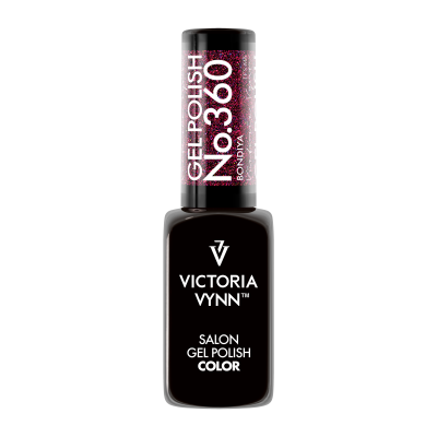 Frasco de verniz gel preto Victoria Vynn com tampa preta e glitter rosa