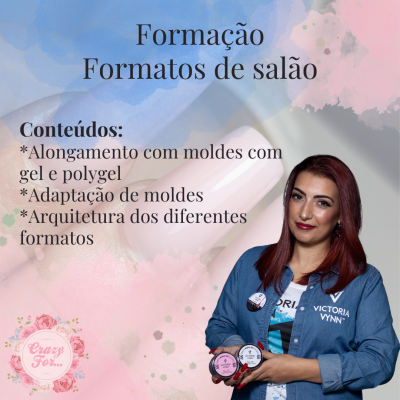 Mulher segurando produtos para unhas com texto sobre formação em formatos de salão