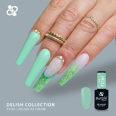 Verniz gel verde menta colecção Delish em unhas longas decoradas com pedras