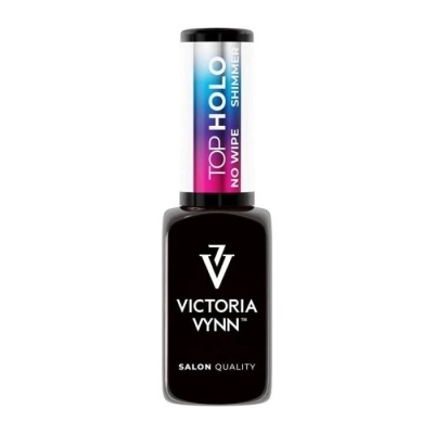 Frasco preto de verniz de unhas Victoria Vynn com tampa branca e rótulo colorido