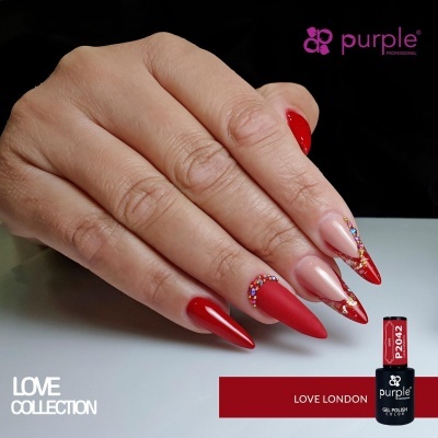 Unhas stiletto decoradas com verniz vermelho e nude, frasco de verniz gel Purple P2042