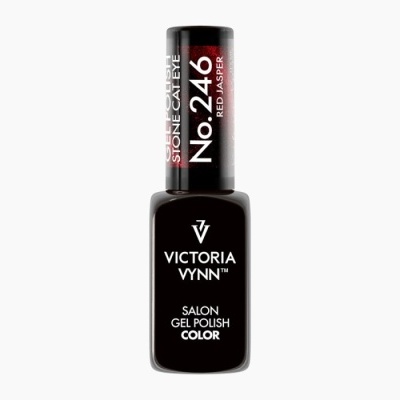 Frasco preto de verniz de gel Victoria Vynn com tampa preta e texto em branco e vermelho