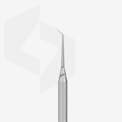 instrumento dental metálico prateado com ponta curva