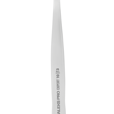 Pinça branca de metal com ponta reta e textos na lateral