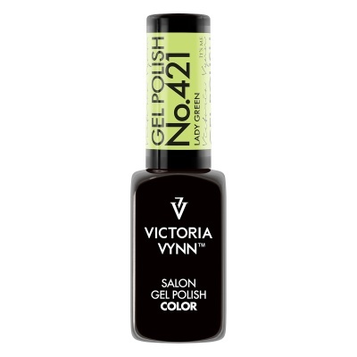 Frasco de verniz gel Victoria Vynn preto com tampa onde está escrito GEL POLISH NO.421 LADY GREEN