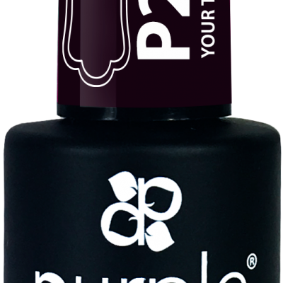 Frasco de verniz gel para unhas Purple Professional preto com etiquetas roxas e brancas.