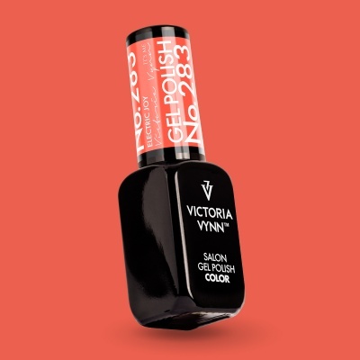 Frasco de verniz gel para unhas preto com tampa vermelha e texto branco sobre fundo vermelho