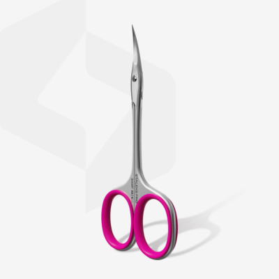 Tesoura pequena de aço inoxidável com argolas rosas e ponta curva