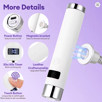 Dispositivo branco cilíndrico com textura de couro e botões detalhados em fundo lilás.