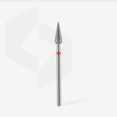 Broca/cone de metal prateado com anel vermelho perto da base