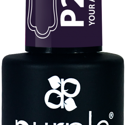 Frasco de verniz gel para unhas com rótulo roxo e texto branco