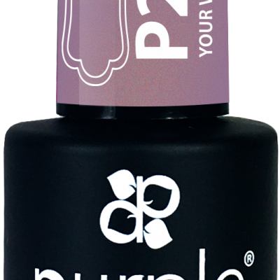 Frasco preto fosco de verniz em gel para unhas com rótulo lilás