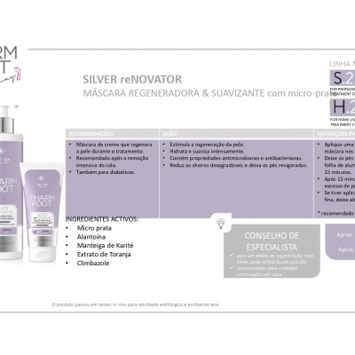 Frasco e embalagem do produto PHARM FOOT SILVER reNOVATOR com descricao em portugues.