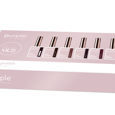 Conjunto de verniz gel Purple Professional kit NR.21 com cinco frascos em caixa rosa