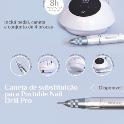 Aparelho de manicure portátil INOCOS Portable Nail Drill Pro branco perolado com ecrã tátil preto e acessórios