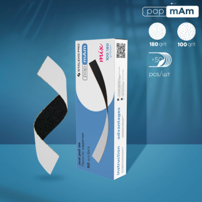 Caixa e lixas pap mAm mix 100/180 grit em fundo azul