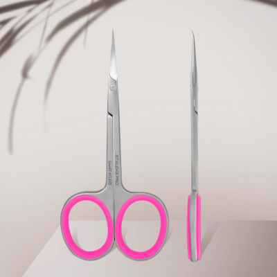 Tesoura de manicure rosa em aço inoxidável vista de frente e lado