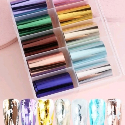 Conjunto de rolos de folhas metálicas coloridas para unhas em caixa transparente