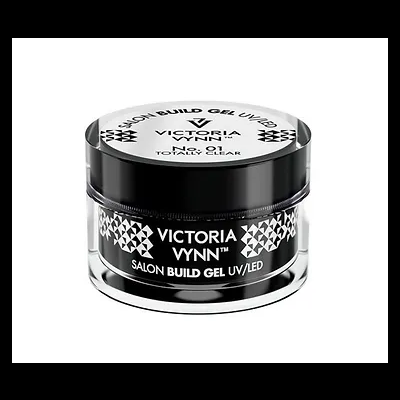 Pote transparente com tampa preta de gel de unhas Victoria Vynn com texto e padrão geométrico