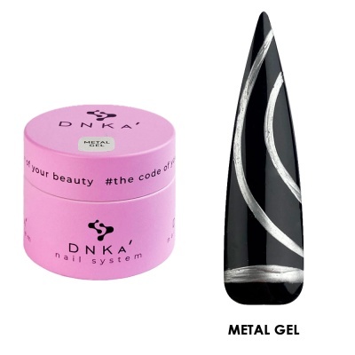 Pote rosa DNKA nail system com selo METAL GEL e unha com padrão de linhas prateadas