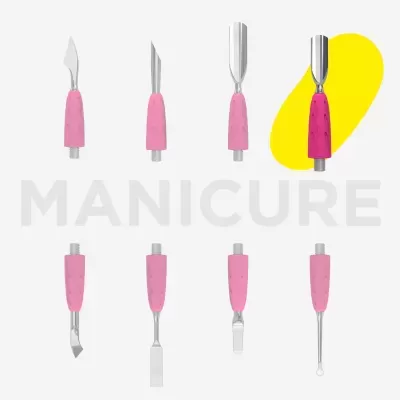 Conjunto de ferramentas de manicure com cabos rosa e diversas pontas metálicas