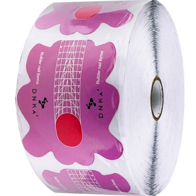 Rolo de formas adesivas para unhas DNKA cor de rosa com marcações brancas e detalhe vermelho.