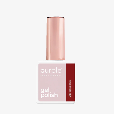 Esmalte em gel Purple Professional, cor 087 passionis, embalagem branca e tampa rosa metalizada